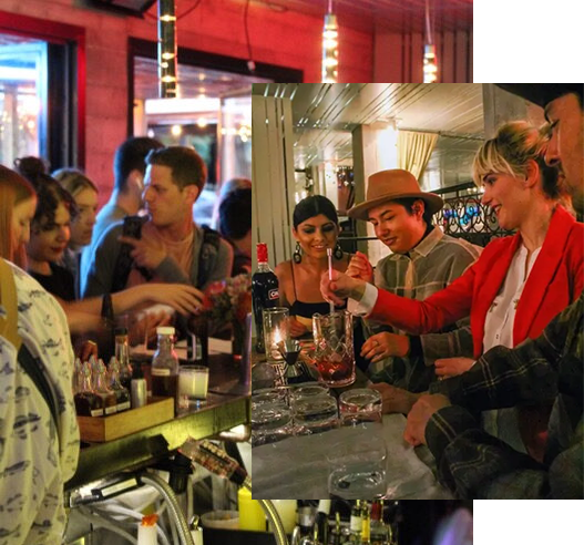 Clients at the 620 Jones bar enjoying craft cocktails.